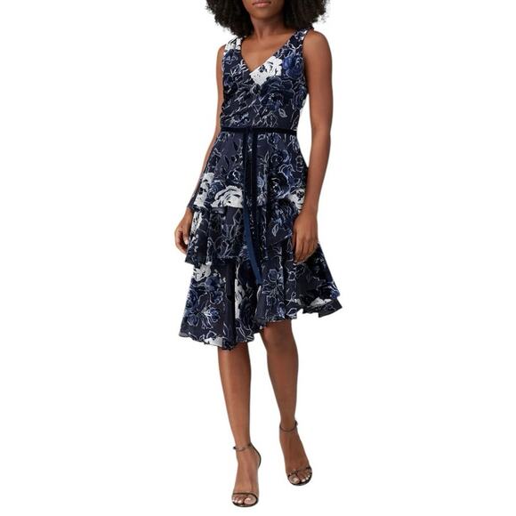 Marchesa Notte Ruffle Tiered Velvet Cocktail Dress Navy silver accents Size 8 - Picture 1 of 11